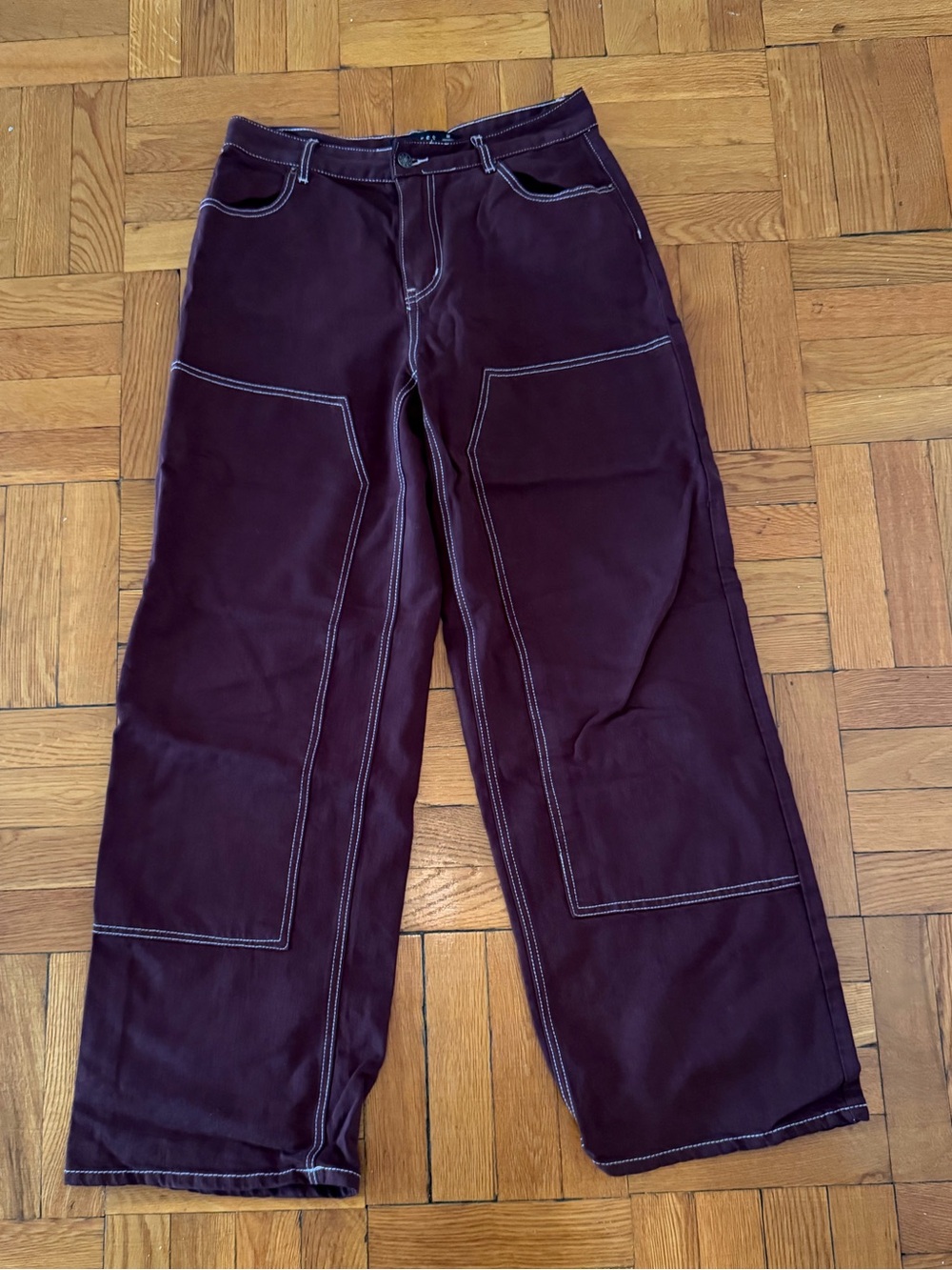 Lioness Deep Burgundy Wide-Leg Jeans with Contrast Stitching